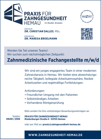 Stellenanzeige Zahnmedizinische Fachangestellte m/w